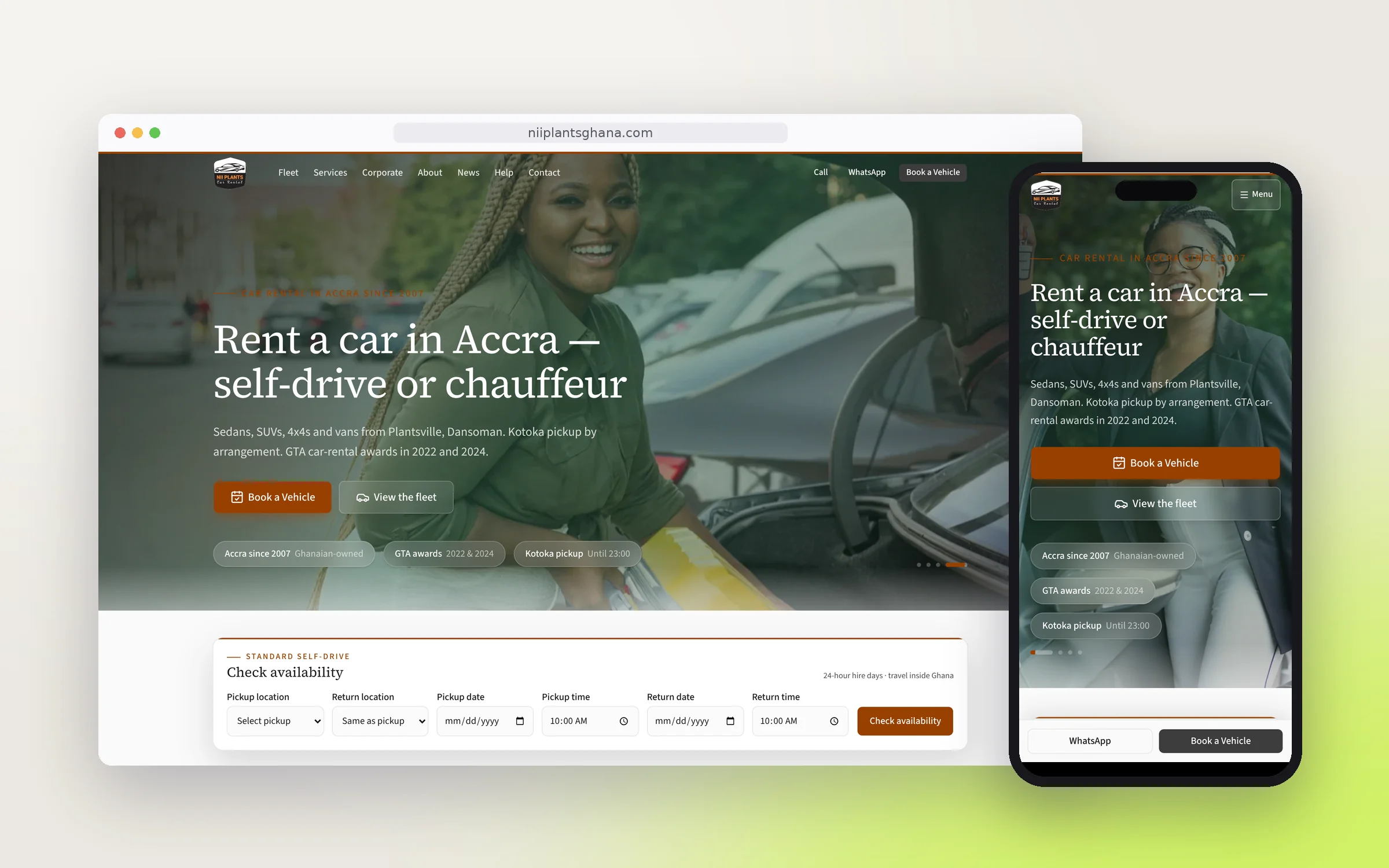 Nii Plants Car Rental website on desktop and phone