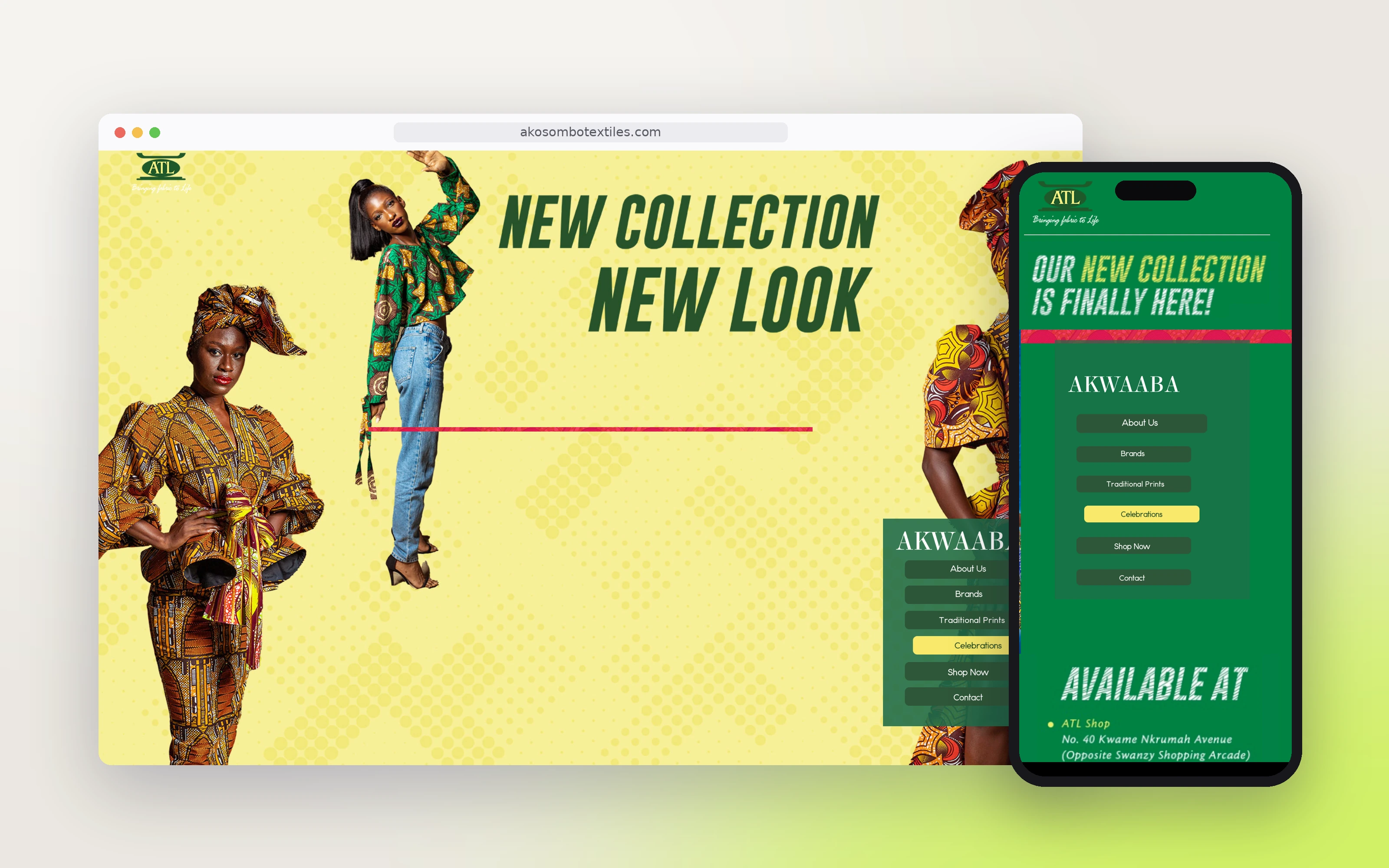 Akosombo Textiles website on desktop and phone