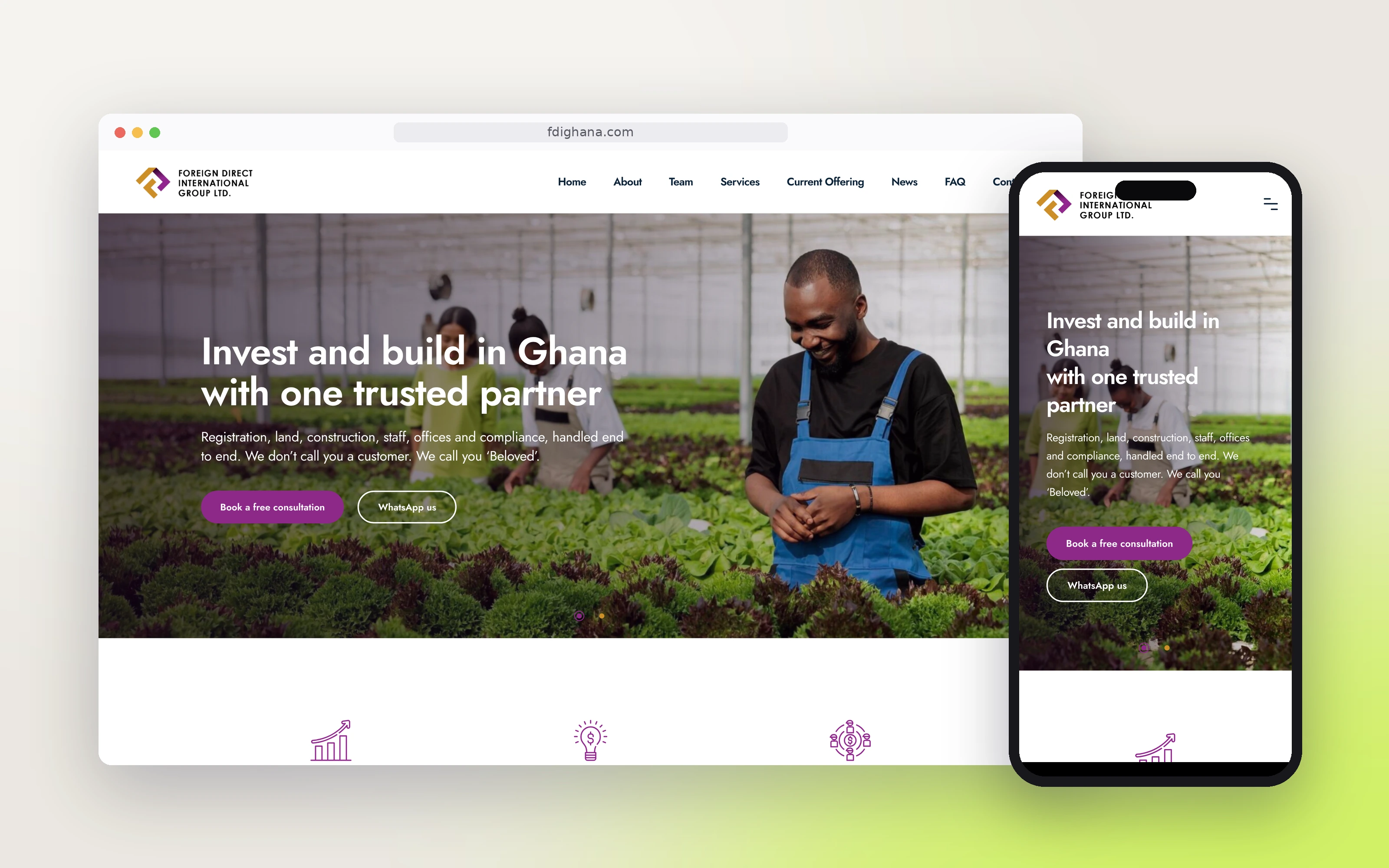 Foreign Direct International Group website on desktop and phone