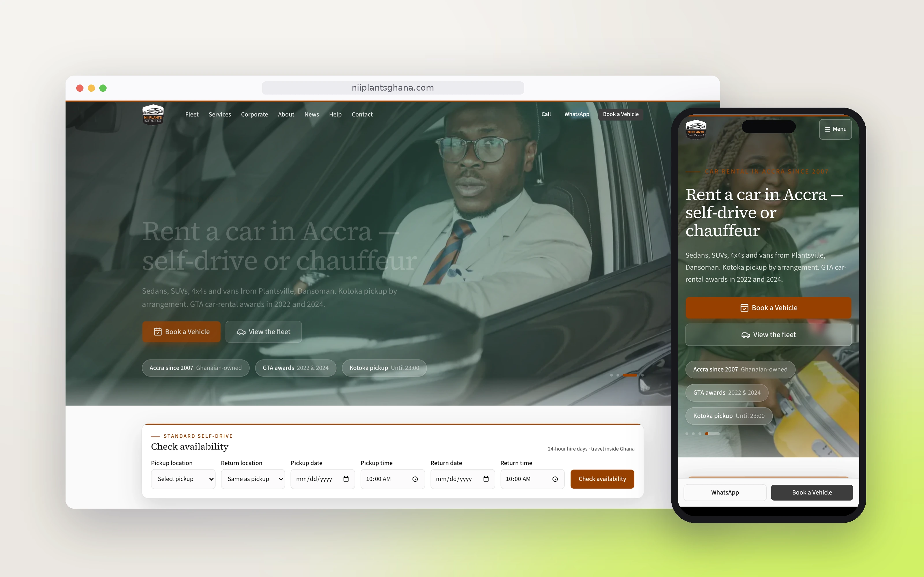 Nii Plants Car Rental website on desktop and phone