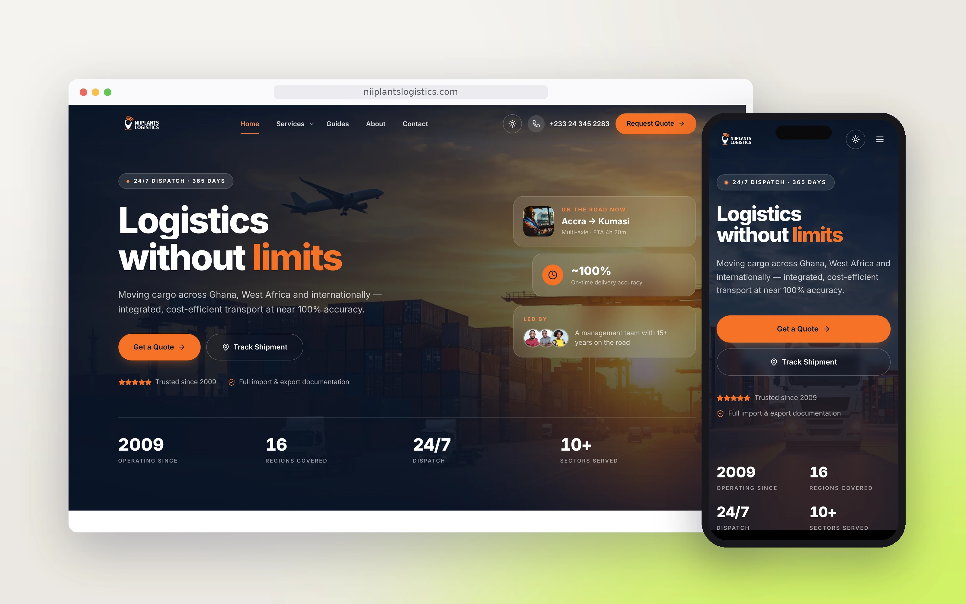 NiiPlants Logistics website on desktop and phone