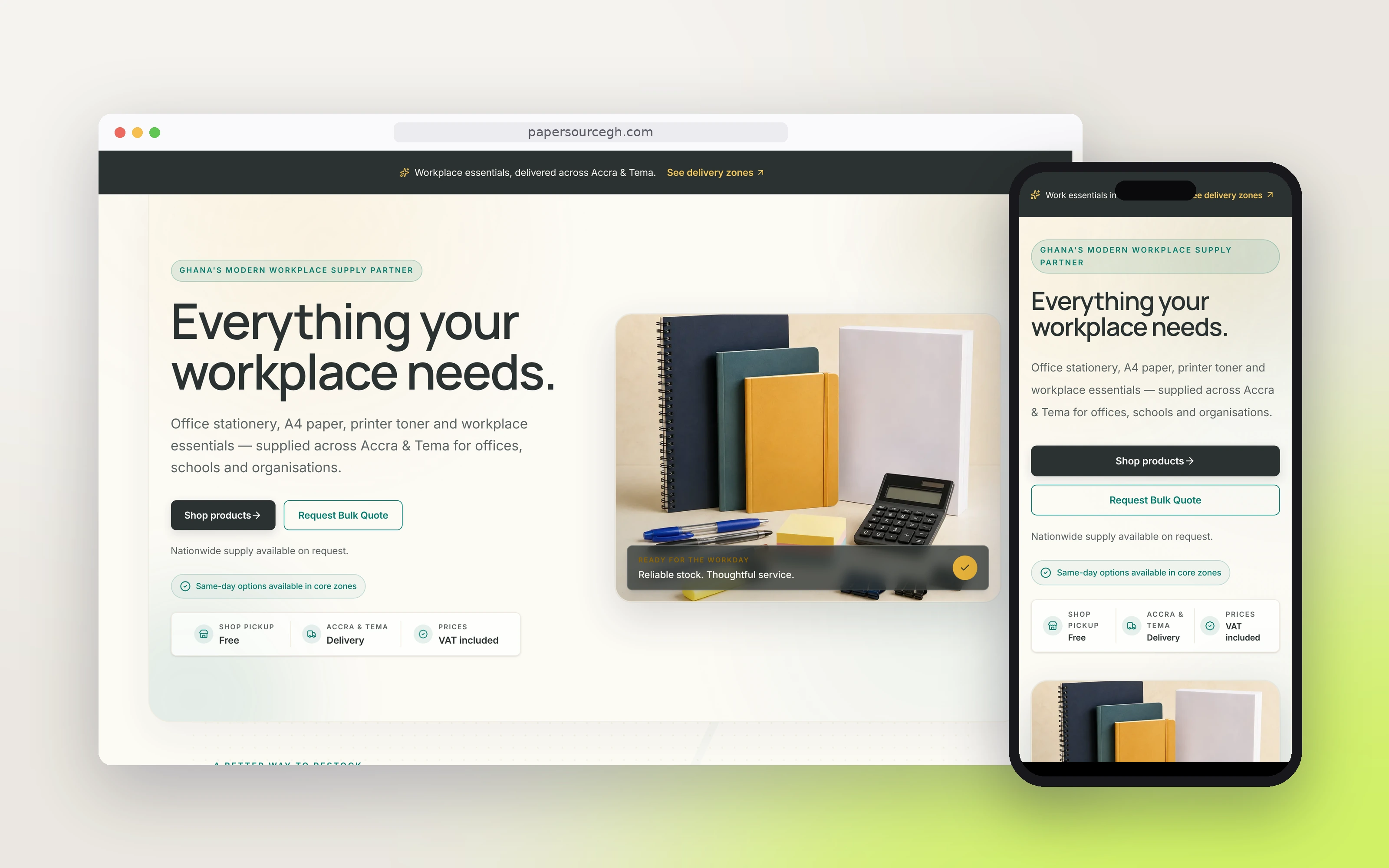 PaperSource Ghana website on desktop and phone
