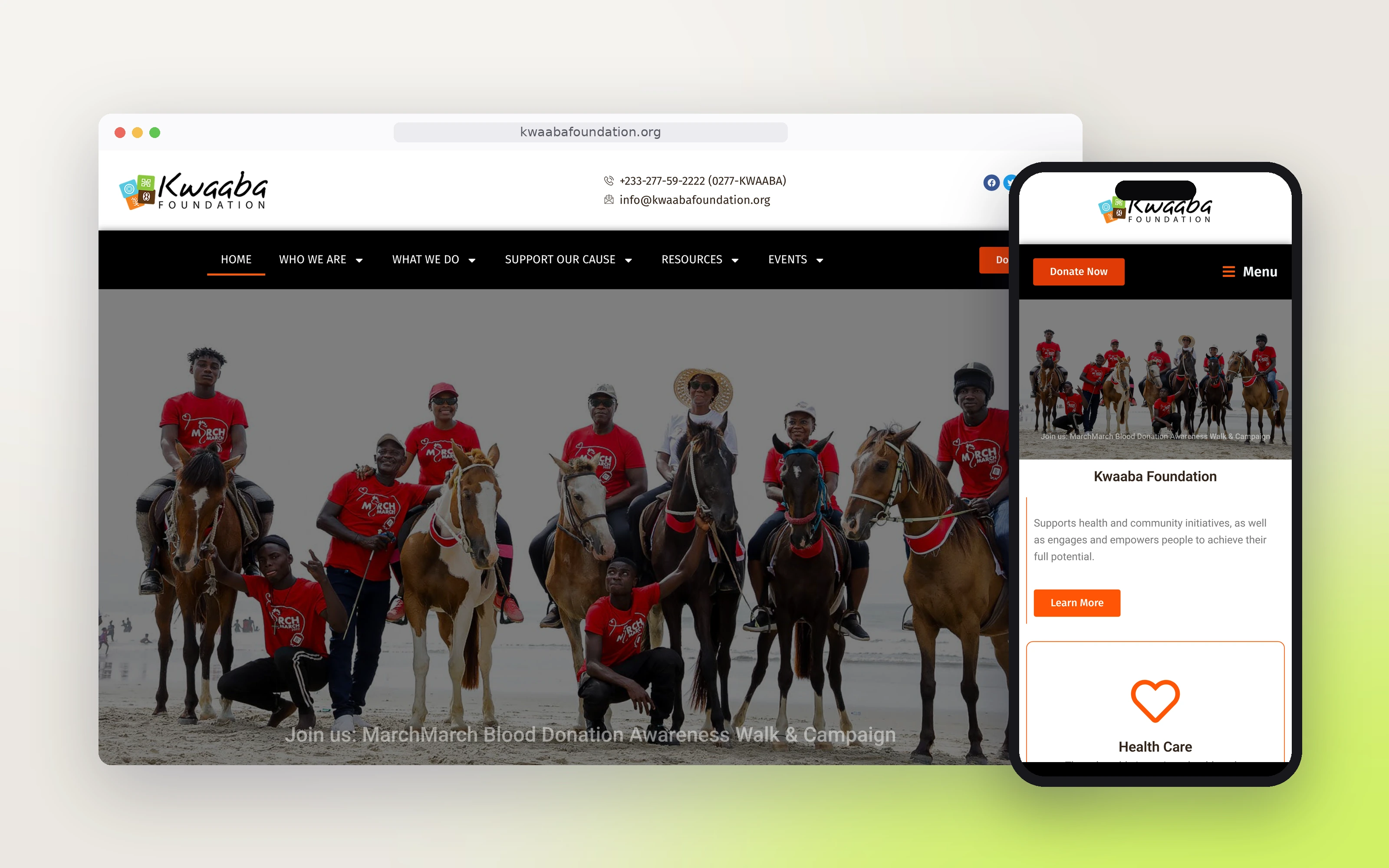 Kwaaba Foundation website on desktop and phone